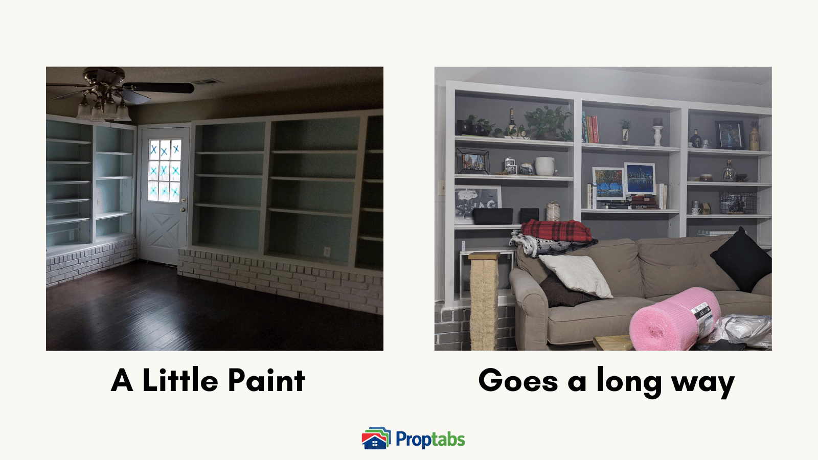 Before and after photos of built-in bookshelves in a rental property living room: bare unfinished shelving on the left, fully painted and styled shelving on the right, with the caption 'A Little Paint Goes a Long Way'