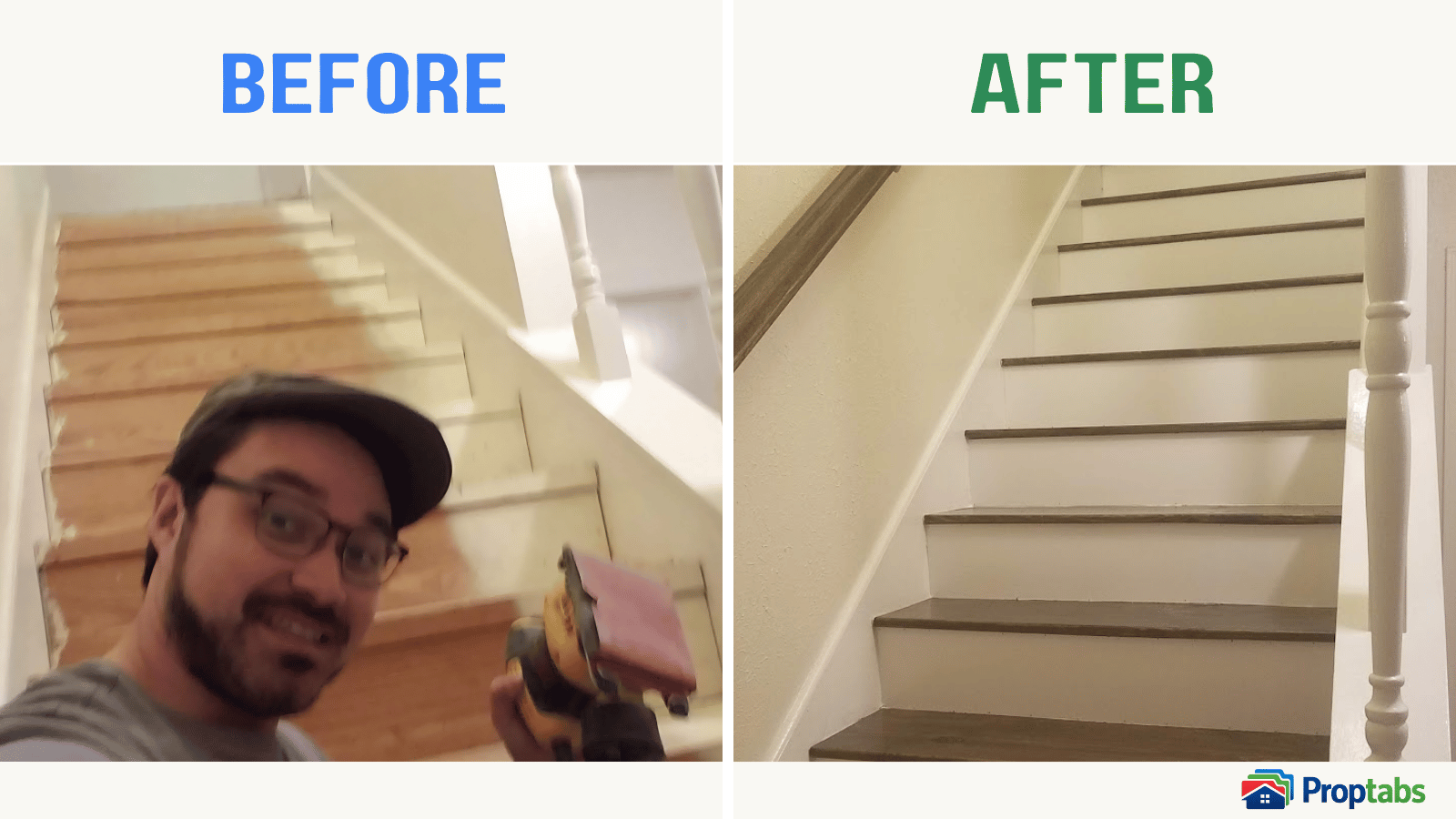 Before and after comparison of a stairway remodel: original wood stairs on the left, completed remodel with painted risers and refinished treads on the right